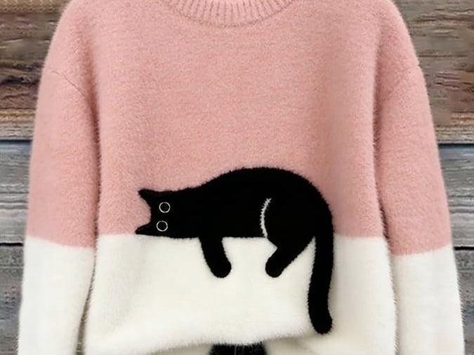 Fiora - Women's Cat Print Relaxed Pullover Sweater - Pink