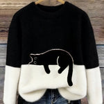 Fiora - Women's Cat Print Relaxed Pullover Sweater - Black