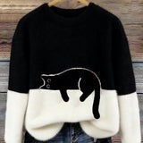 Fiora - Women's Cat Print Relaxed Pullover Sweater - Black