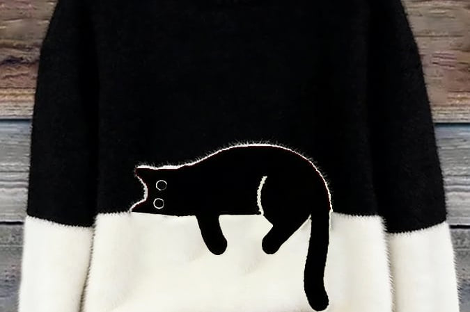 Fiora - Women's Cat Print Relaxed Pullover Sweater - Black