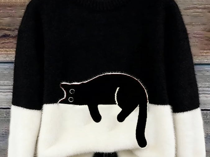 Fiora - Women's Cat Print Relaxed Pullover Sweater - Black