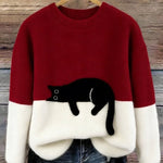 Fiora - Women's Cat Print Relaxed Pullover Sweater - Red