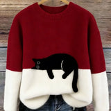 Fiora - Women's Cat Print Relaxed Pullover Sweater - Red