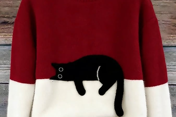 Fiora - Women's Cat Print Relaxed Pullover Sweater - Red