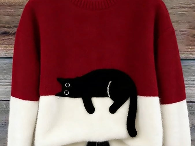 Fiora - Women's Cat Print Relaxed Pullover Sweater - Red