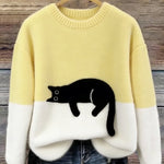Fiora - Women's Cat Print Relaxed Pullover Sweater - Yellow