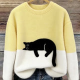 Fiora - Women's Cat Print Relaxed Pullover Sweater - Yellow