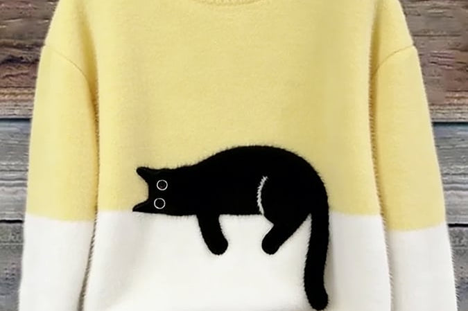 Fiora - Women's Cat Print Relaxed Pullover Sweater - Yellow