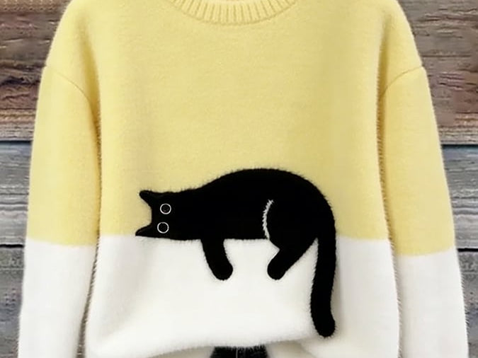 Fiora - Women's Cat Print Relaxed Pullover Sweater - Yellow