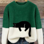Fiora - Women's Cat Print Relaxed Pullover Sweater - Green
