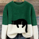Fiora - Women's Cat Print Relaxed Pullover Sweater - Green