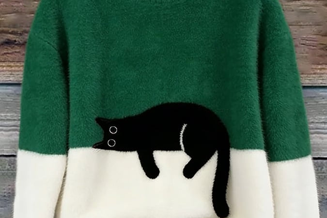 Fiora - Women's Cat Print Relaxed Pullover Sweater - Green