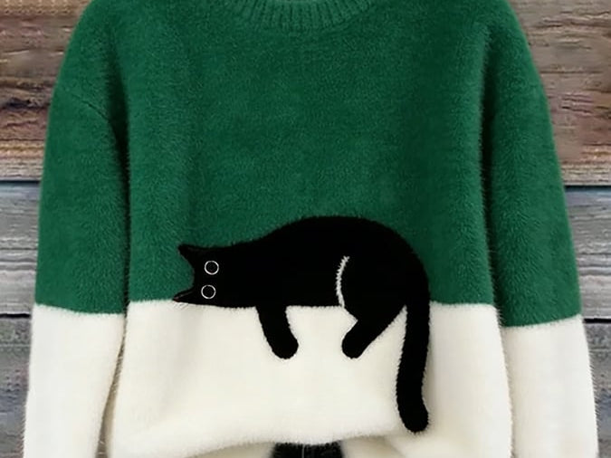 Fiora - Women's Cat Print Relaxed Pullover Sweater - Green