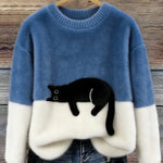 Fiora - Women's Cat Print Relaxed Pullover Sweater - Blue