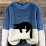 Fiora - Women's Cat Print Relaxed Pullover Sweater - Blue