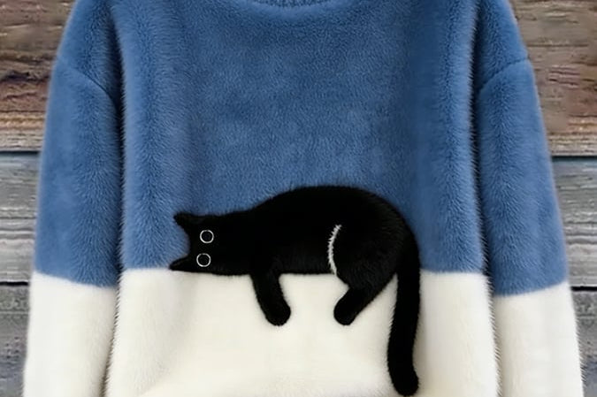Fiora - Women's Cat Print Relaxed Pullover Sweater - Blue