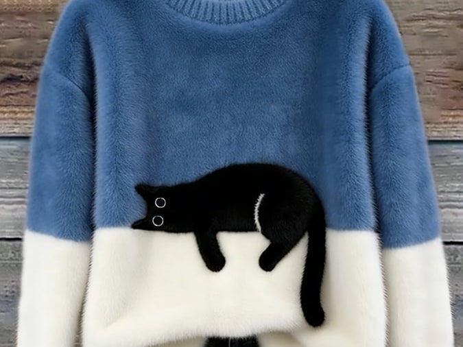 Fiora - Women's Cat Print Relaxed Pullover Sweater - Blue