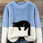 Fiora - Women's Cat Print Relaxed Pullover Sweater - Sky Blue