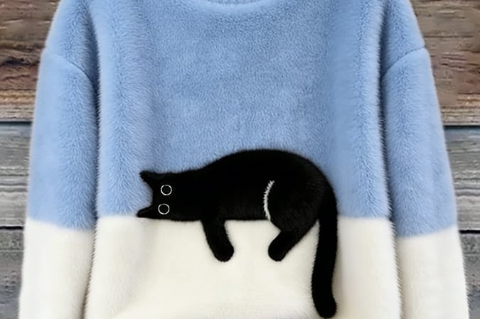Fiora - Women's Cat Print Relaxed Pullover Sweater - Sky Blue
