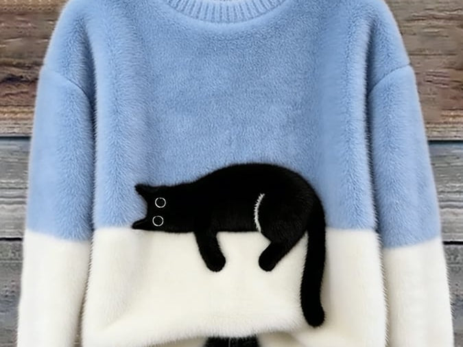 Fiora - Women's Cat Print Relaxed Pullover Sweater - Sky Blue