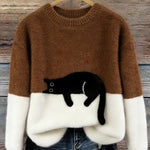 Fiora - Women's Cat Print Relaxed Pullover Sweater - Brown