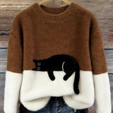 Fiora - Women's Cat Print Relaxed Pullover Sweater - Brown