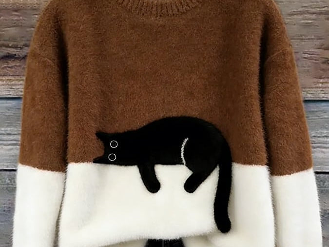 Fiora - Women's Cat Print Relaxed Pullover Sweater - Brown