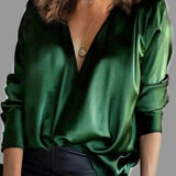Florrie - Women's Deep V Neck Satin Blouse with Draped Sleeves - Green