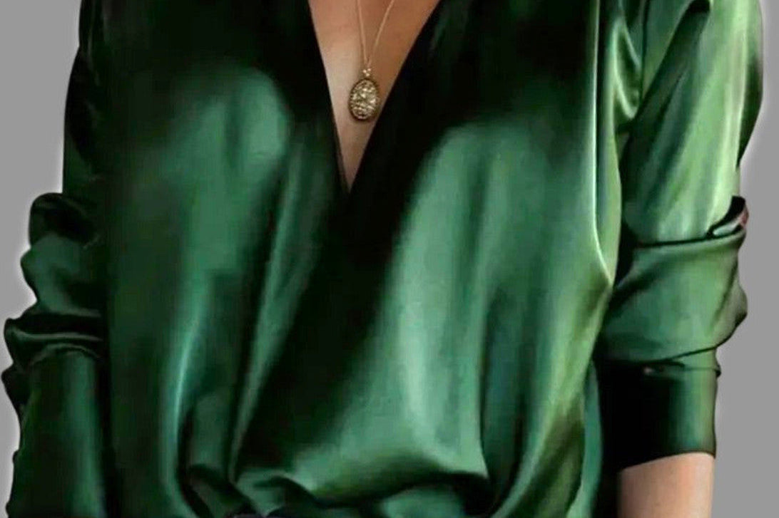 Florrie - Women's Deep V Neck Satin Blouse with Draped Sleeves - Green