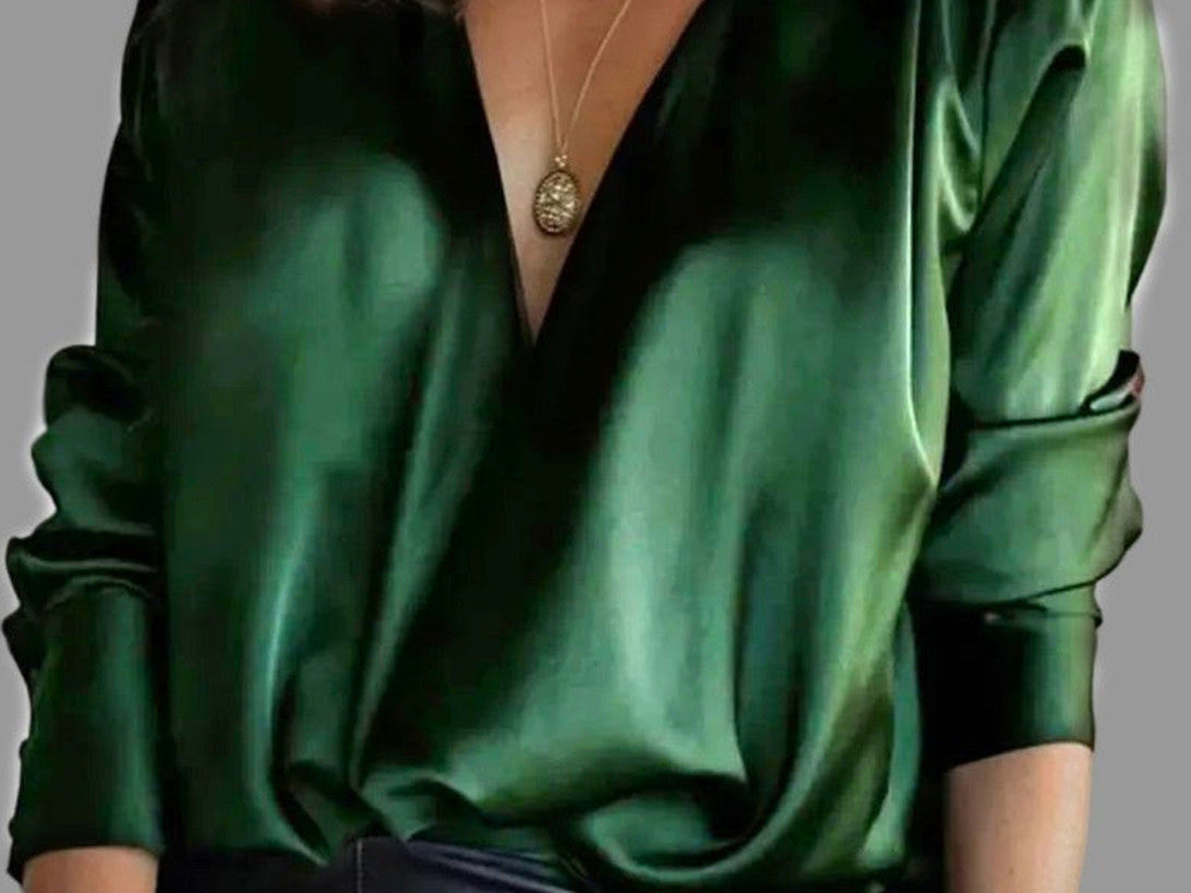 Florrie - Women's Deep V Neck Satin Blouse with Draped Sleeves - Green