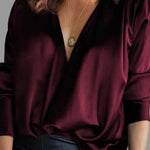 Florrie - Women's Deep V Neck Satin Blouse with Draped Sleeves - Burgundy