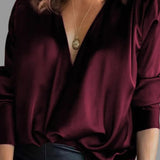 Florrie - Women's Deep V Neck Satin Blouse with Draped Sleeves - Burgundy
