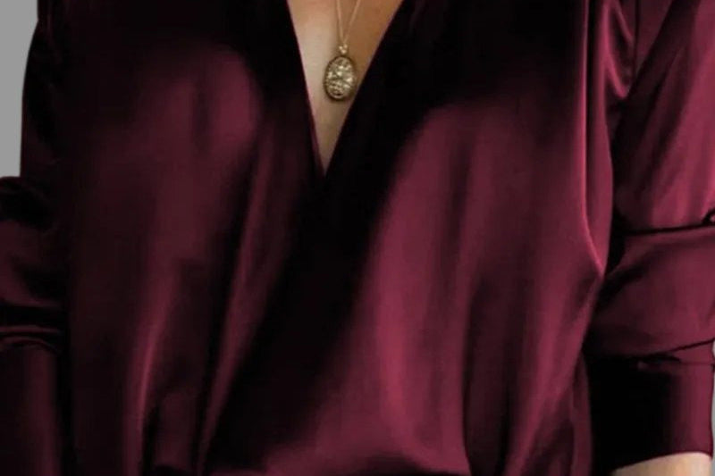 Florrie - Women's Deep V Neck Satin Blouse with Draped Sleeves - Burgundy