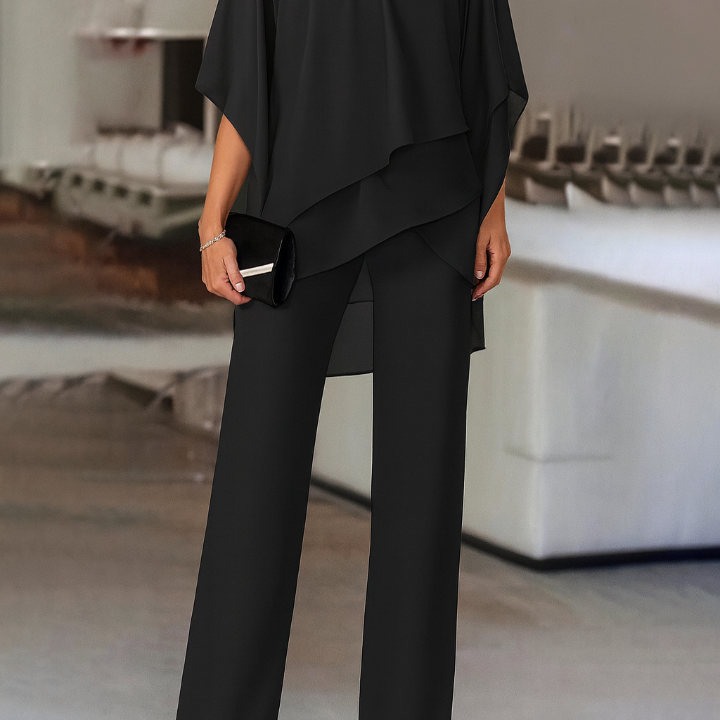 Women's Chiffon Pant Set | Cold-Shoulder Asymmetrical Two-Piece Set