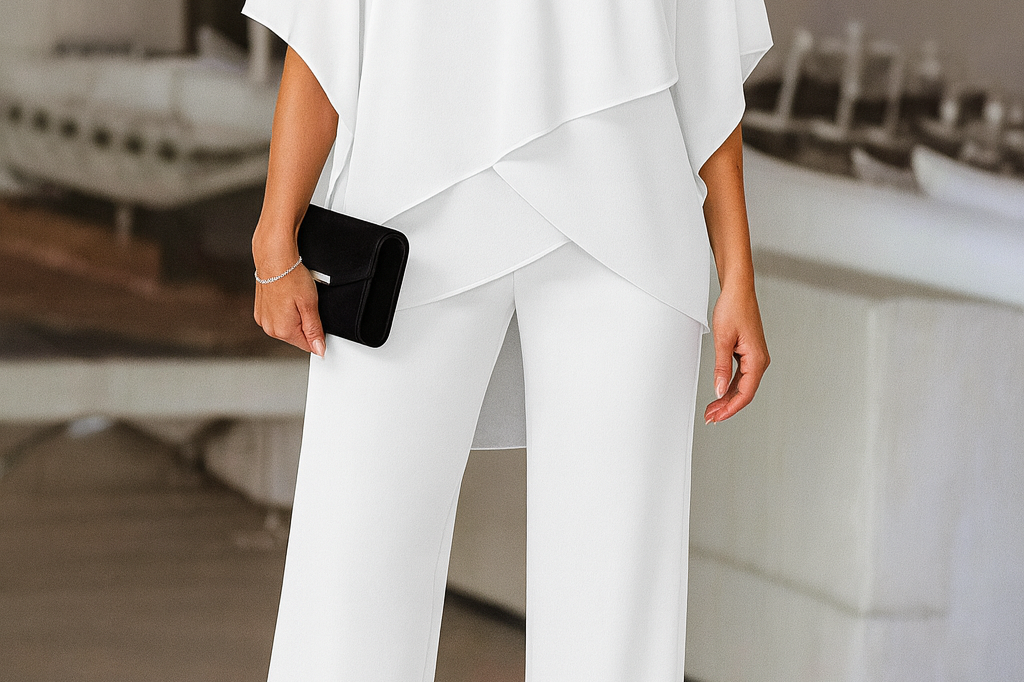 Women's Chiffon Pant Set | Cold-Shoulder Asymmetrical Two-Piece Set