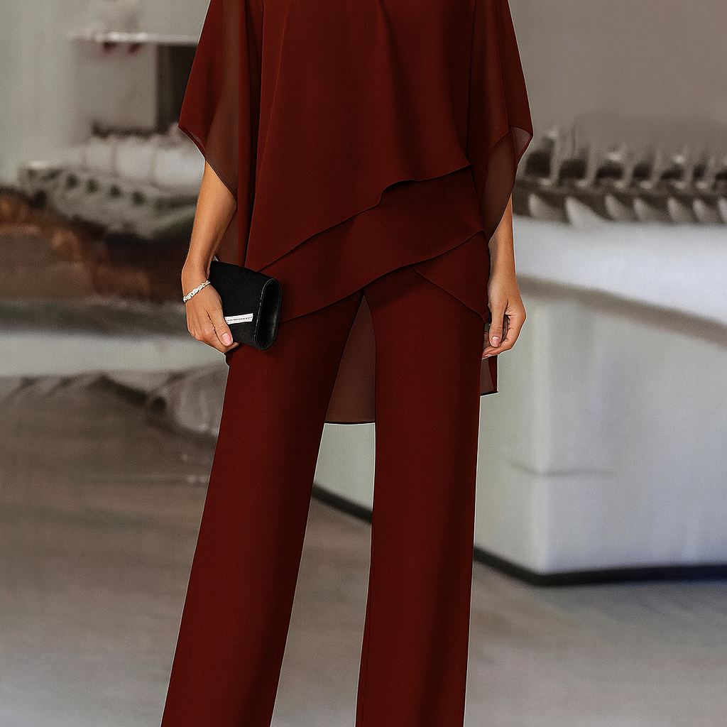 Women's Chiffon Pant Set | Cold-Shoulder Asymmetrical Two-Piece Set
