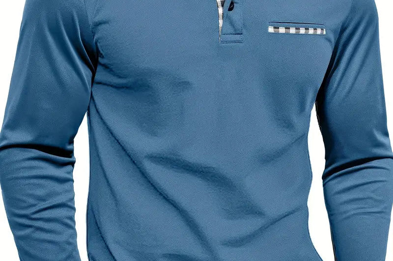Frank - Men's Long Sleeve Golf Polo with Button Placket - Blue