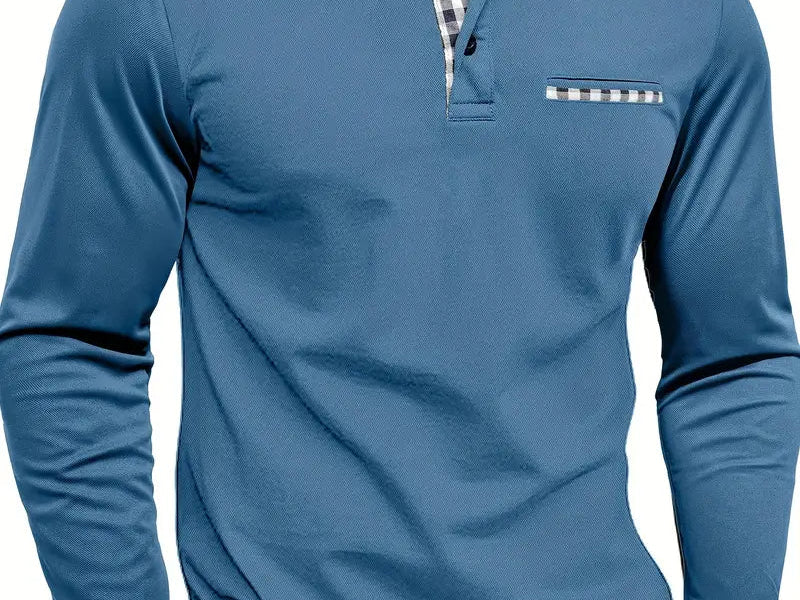 Frank - Men's Long Sleeve Golf Polo with Button Placket - Blue