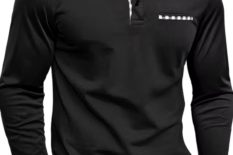 Frank - Men's Long Sleeve Golf Polo with Button Placket - Black