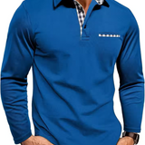 Frank - Men's Long Sleeve Golf Polo with Button Placket - Dark Blue