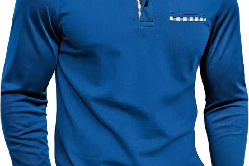 Frank - Men's Long Sleeve Golf Polo with Button Placket - Dark Blue