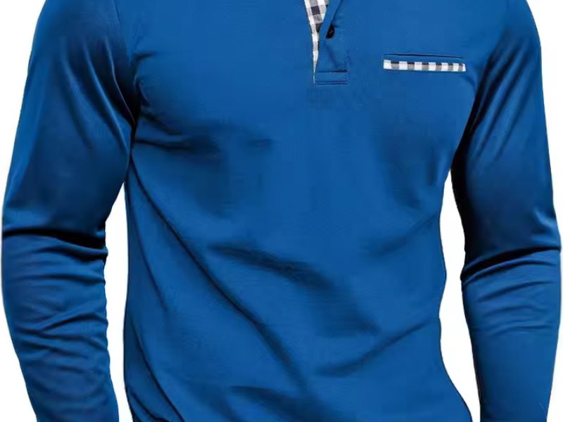 Frank - Men's Long Sleeve Golf Polo with Button Placket - Dark Blue
