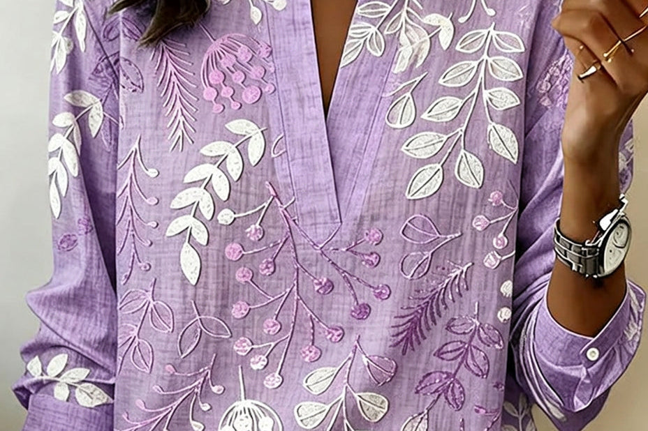 Fidelma - Women's Leaf Embroidered V-Neck Blouse