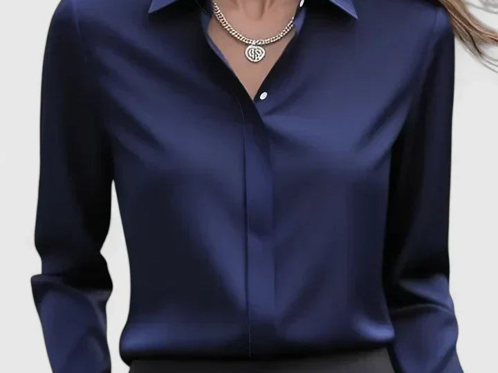 Freja - Women's Oversized Long Sleeve Button-Down Shirt - Navy Blue