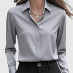 Freja - Women's Oversized Long Sleeve Button-Down Shirt - Gray