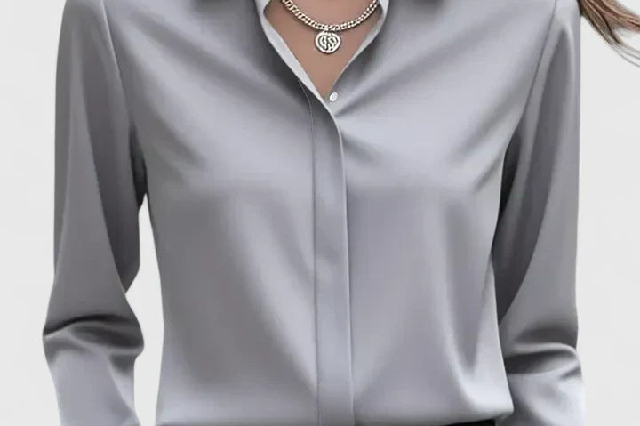 Freja - Women's Oversized Long Sleeve Button-Down Shirt - Gray