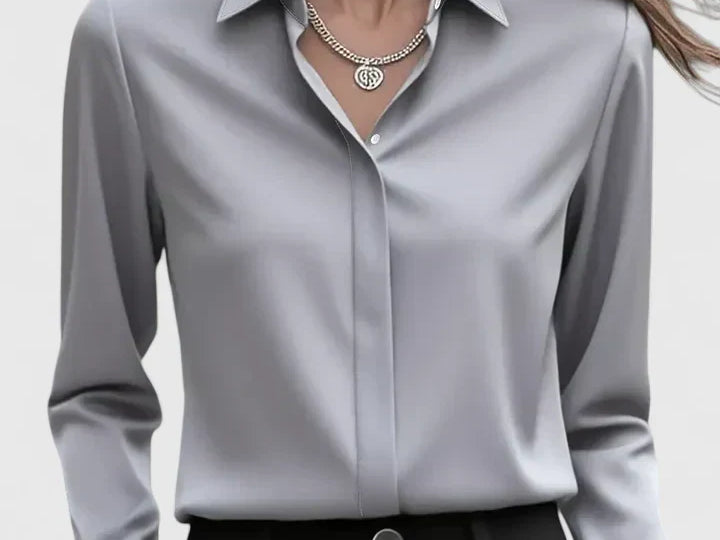 Freja - Women's Oversized Long Sleeve Button-Down Shirt - Gray