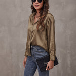 Frieda - Women's Relaxed Silk Button-Front Shirt - Bronze