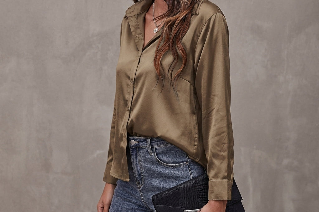 Frieda - Women's Relaxed Silk Button-Front Shirt - Bronze