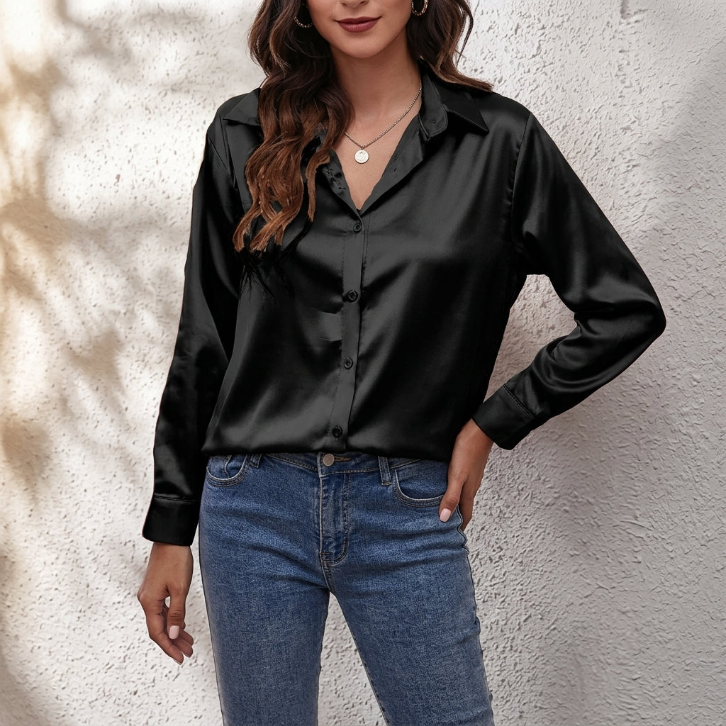 Frieda - Women's Relaxed Silk Button-Front Shirt - Black